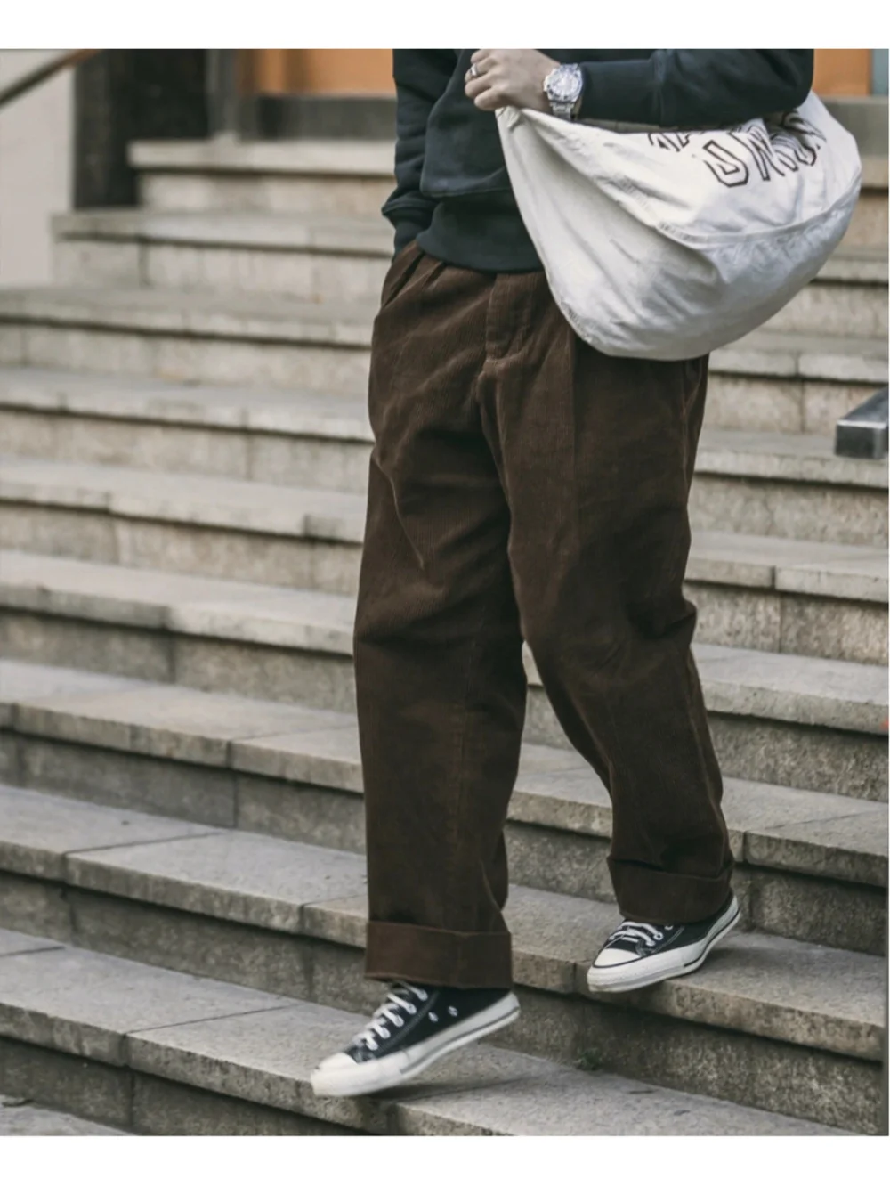 NON STOCK Corduroy Pants Men Pleated Casual Trousers Loose Workwear L